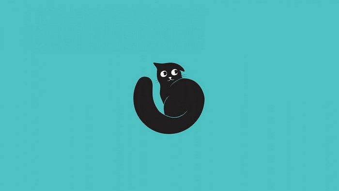 Black cat curled up on a cyan background