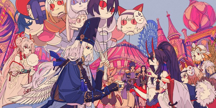 Anime characters at a carnival with balloons