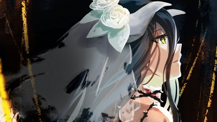 Albedo from Overlord wearing a bridal veil with roses