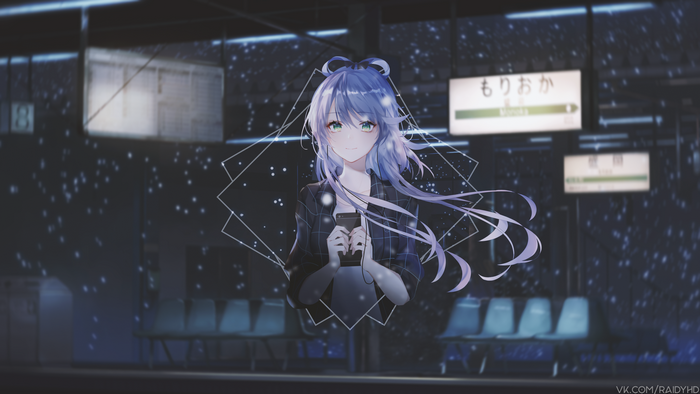 Anime girl with blue hair at a train station