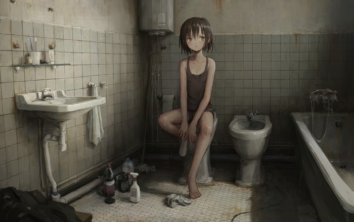 Anime girl sitting on a toilet in a dirty bathroom