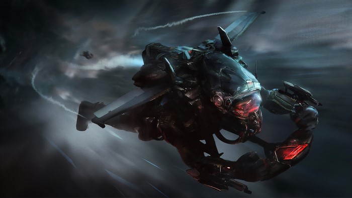 Futuristic pilot in armor flying a spacecraft