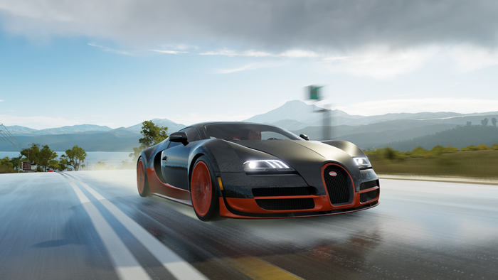 Bugatti Veyron driving on a wet road in Forza Horizon 3