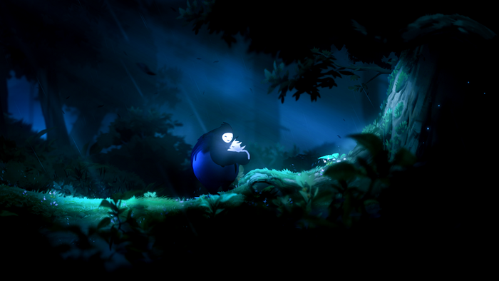 Ori from Ori and the Blind Forest in a dark forest