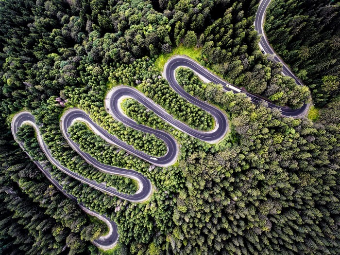 Aerial view of a winding road through a dense forest