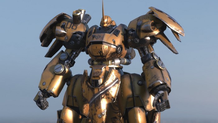 Yellow Mobile Suit Gundam Mech with 'Zeon' markings