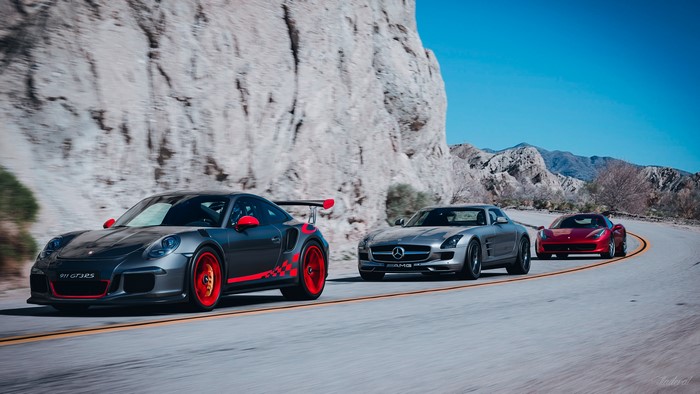 Porsche 911 GT3 RS, Mercedes-Benz SLS AMG, and Ferrari 458 on Road