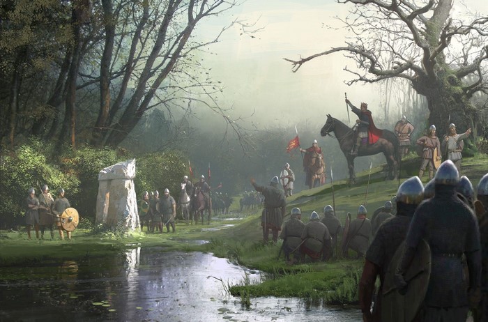 Soldiers and a king on horseback in a forest by a river