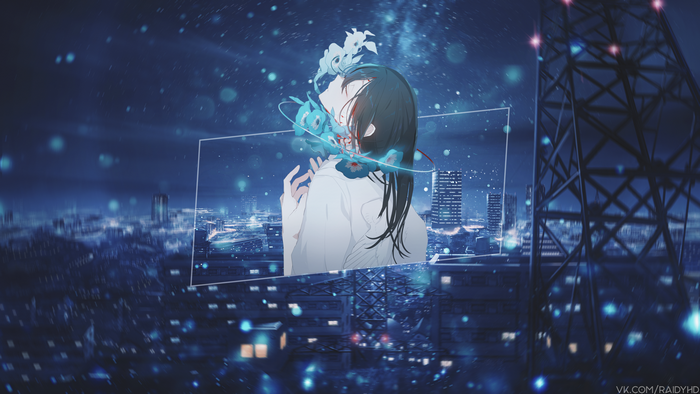 Anime girl with flowers over city at night 4K