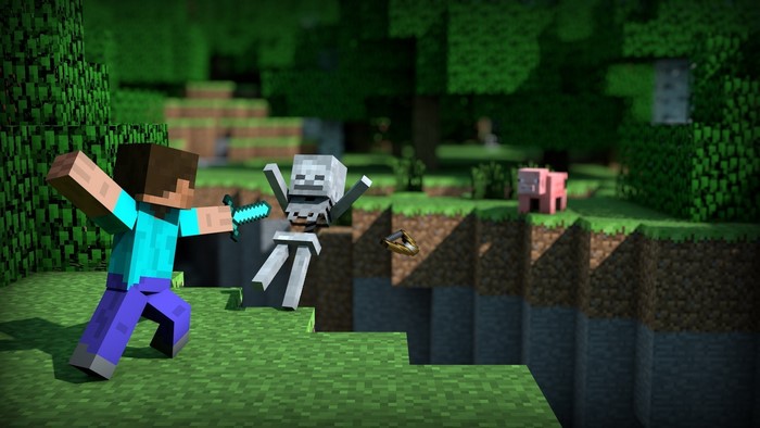 Steve fighting a skeleton in Minecraft