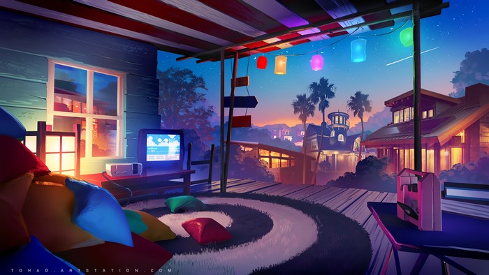 Cozy Balcony with Retro TV and Sunset View