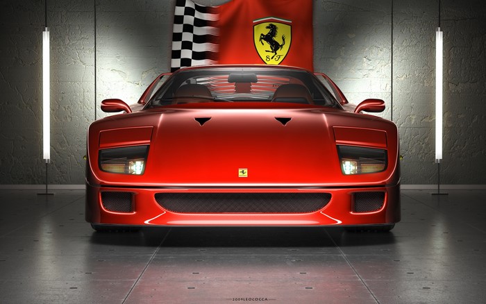 Red Ferrari F40 in a garage with checkered flag