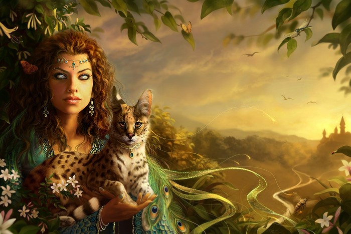 Fantasy art of a woman holding a serval cat