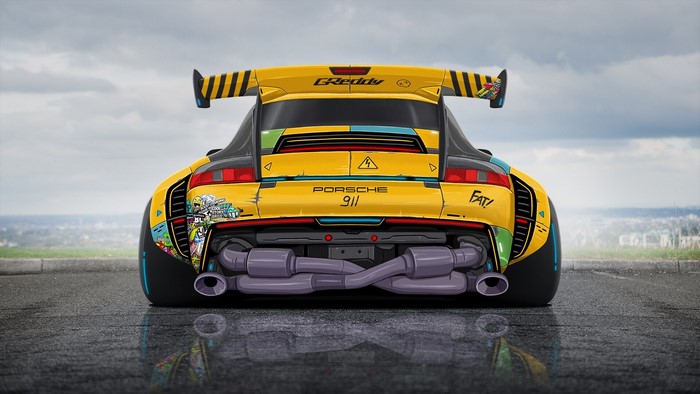 Yellow Porsche 911 with GReddy body kit and custom graphics