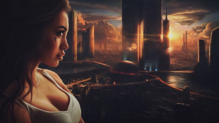 Woman in profile overlooking a futuristic city at sunset