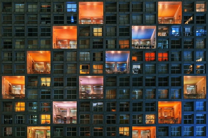 Apartment building windows at night