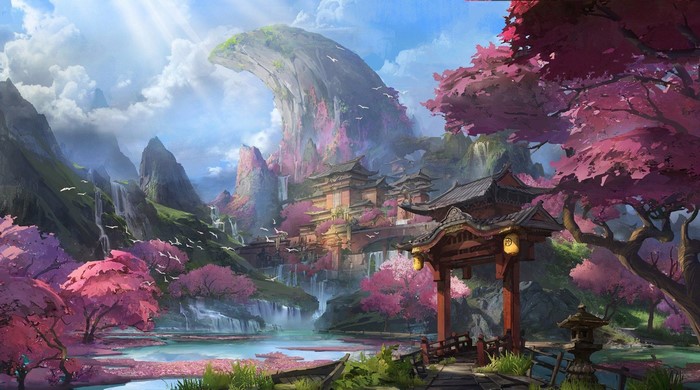Fantasy landscape with Chinese architecture and cherry blossoms
