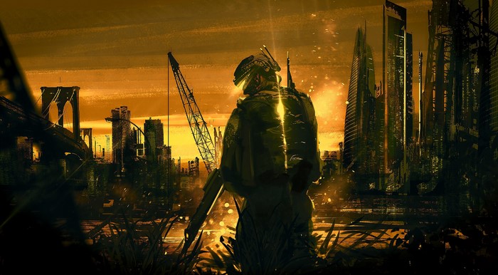 Soldier in futuristic city with Manhattan Bridge