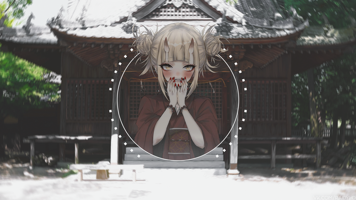 Anime girl with horns in front of a Japanese temple