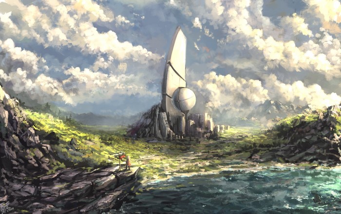 Futuristic City with a Tall Spire and a Sphere