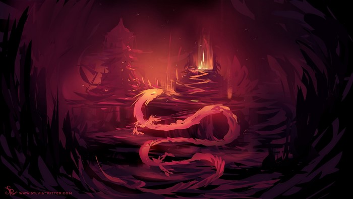 Fantasy dragon in a dark, fiery landscape