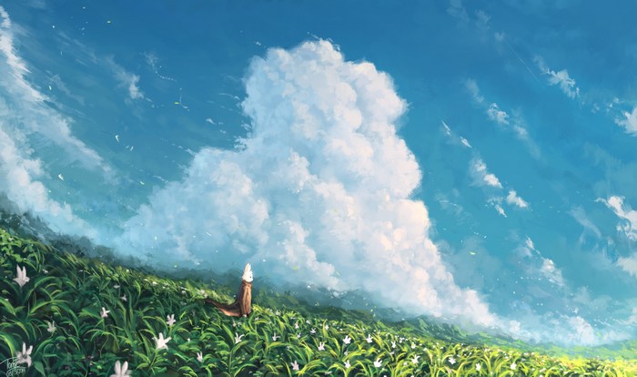 White Rabbit in a field of flowers under a cloudy sky