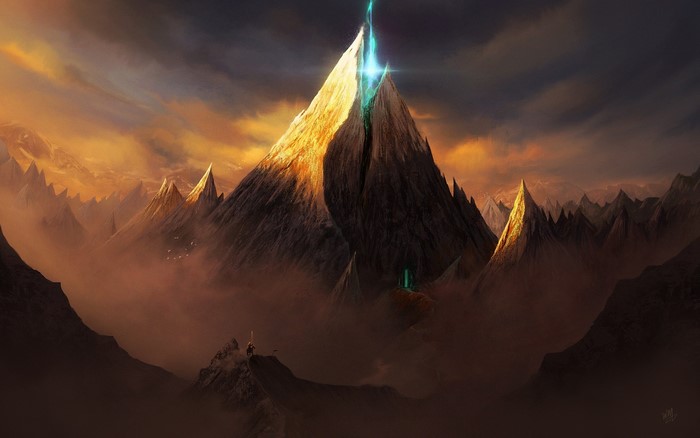Fantasy mountain landscape with glowing peak