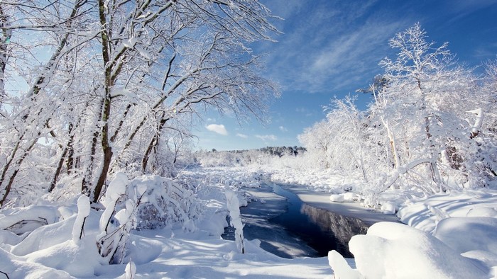 Snowy landscape with a partially frozen river and trees