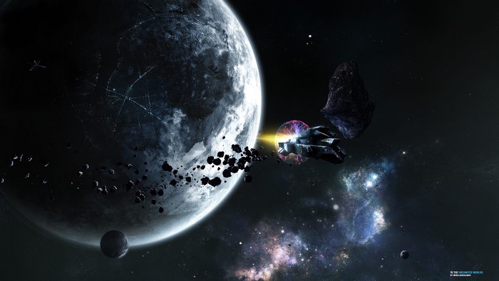 Futuristic spaceship near a planet and asteroids