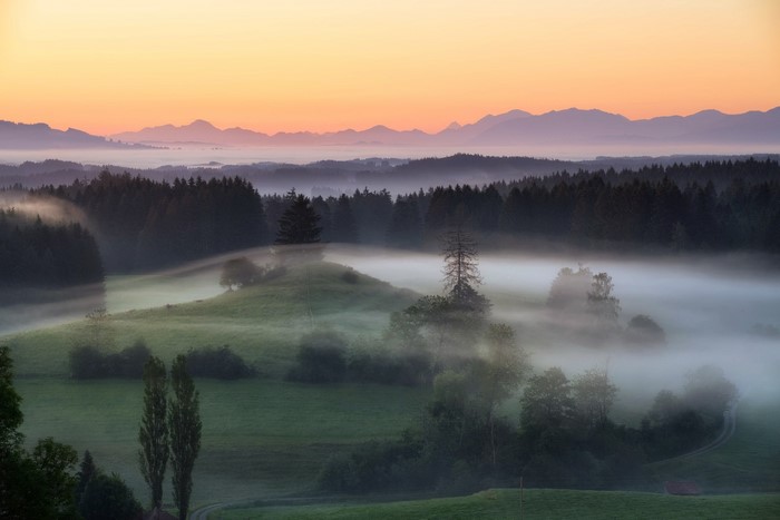 Misty mountain landscape at sunrise with forest