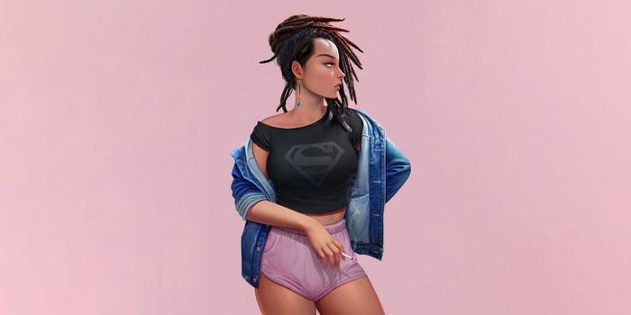 Woman with dreadlocks wearing Superman shirt and pink shorts