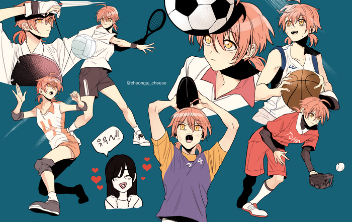 Anime girl with pink hair playing various sports