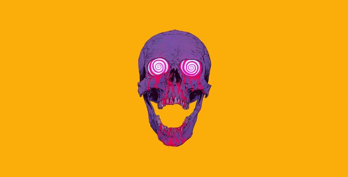 Purple skull with hypnotic eyes on yellow background
