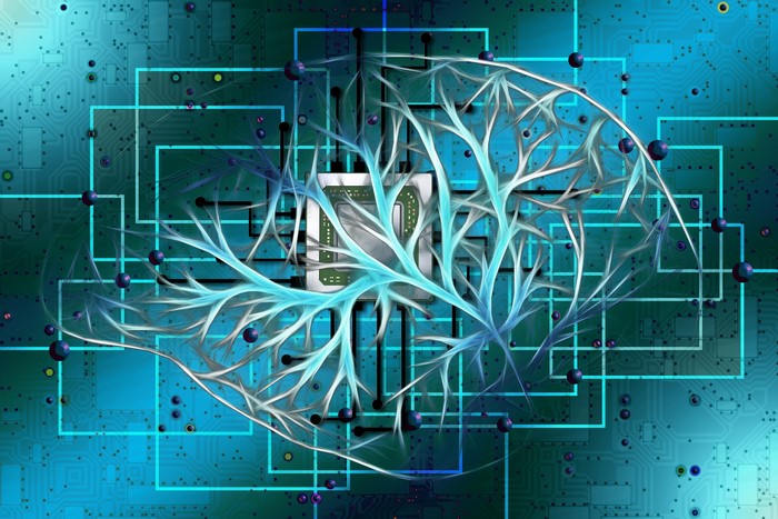 Abstract digital art of neural network and circuit board