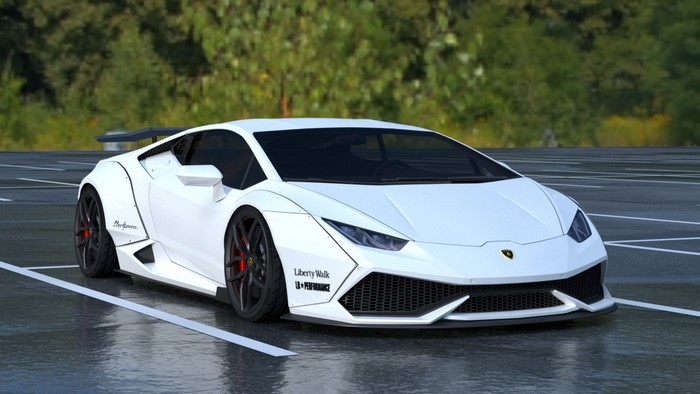 White Liberty Walk Lamborghini Huracan on a wet road