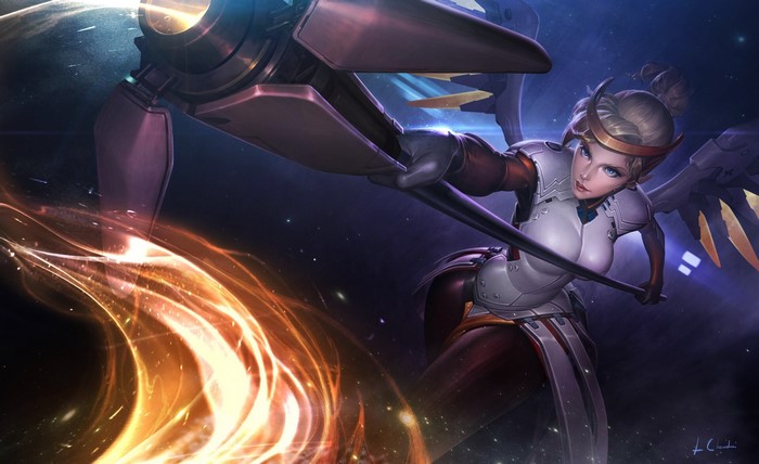 Mercy from Overwatch holding a staff with energy effects