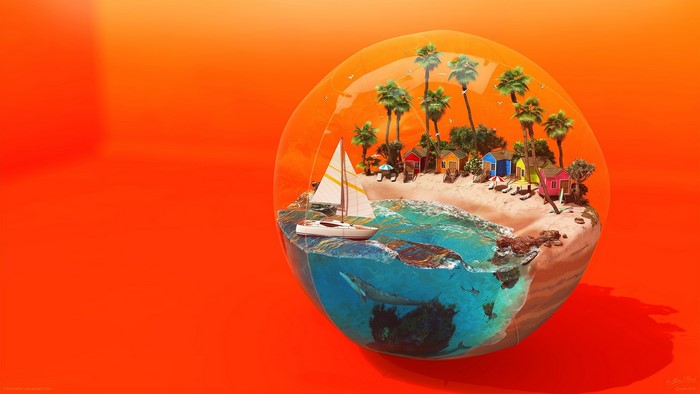 Digital art of a tropical island inside a sphere