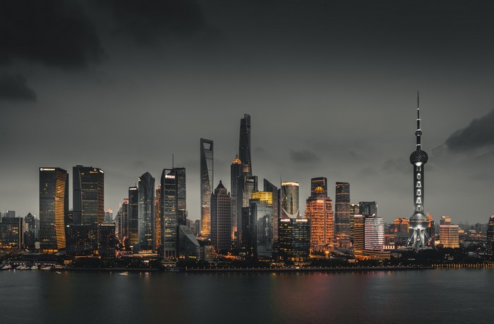 Shanghai cityscape with Oriental Pearl Tower at dusk