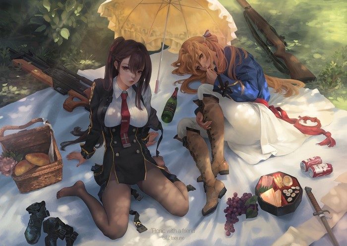 Girls' Frontline picnic with rifles and weapons