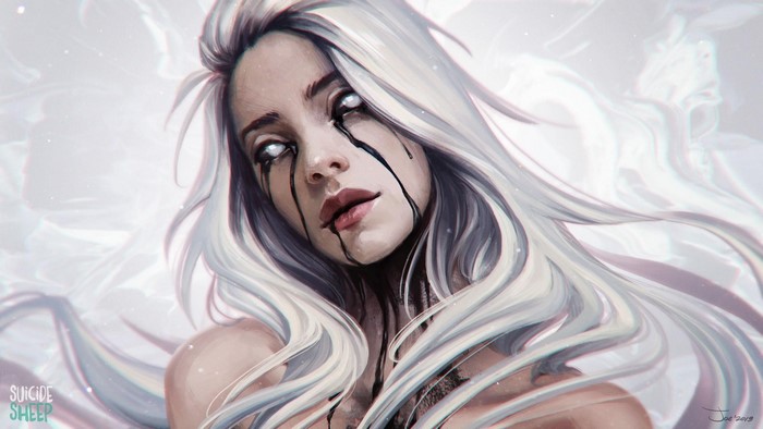 Suicide Sheep Fantasy Art of White-Haired Girl