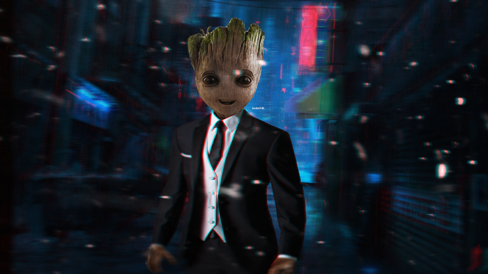 Groot from Marvel Comics in a suit