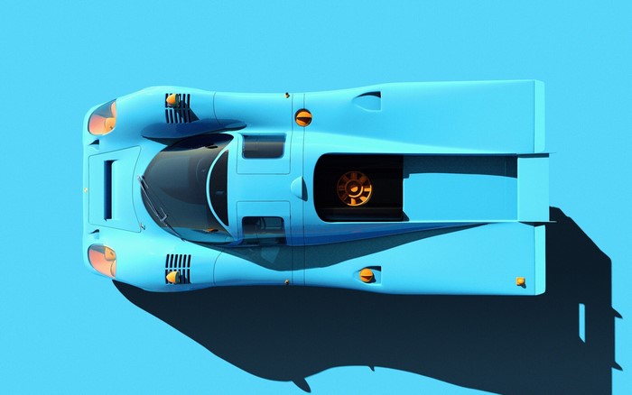 Blue Porsche race car from a top view