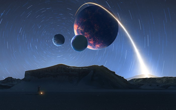 Astronaut with lantern under alien planets and star trails