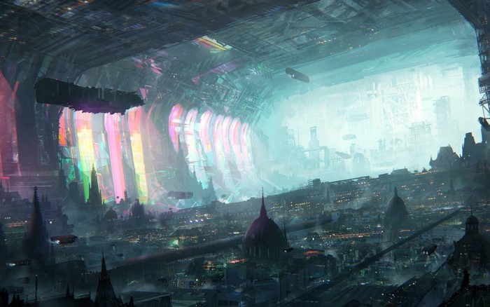 Futuristic city with colorful lights and flying vehicles