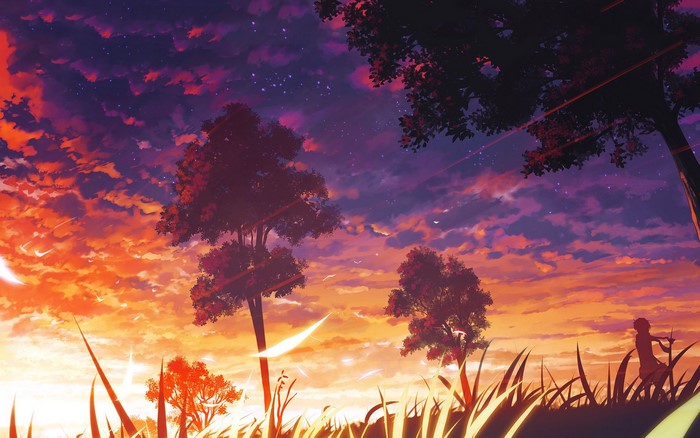 Anime landscape with trees and sunset