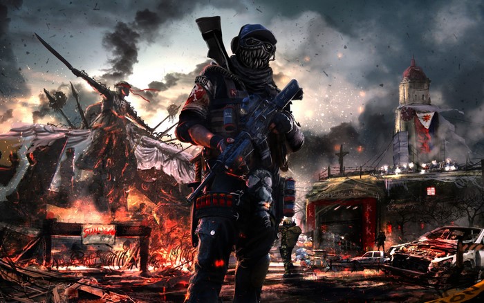 Apocalyptic soldier with rifle in war-torn city