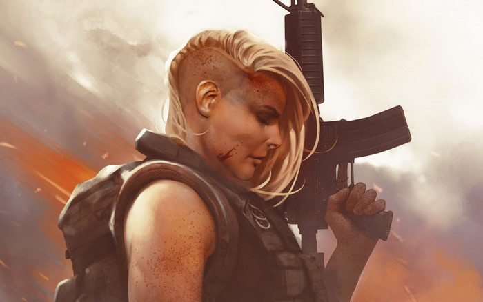 Warrior woman with undercut hairstyle holding a rifle