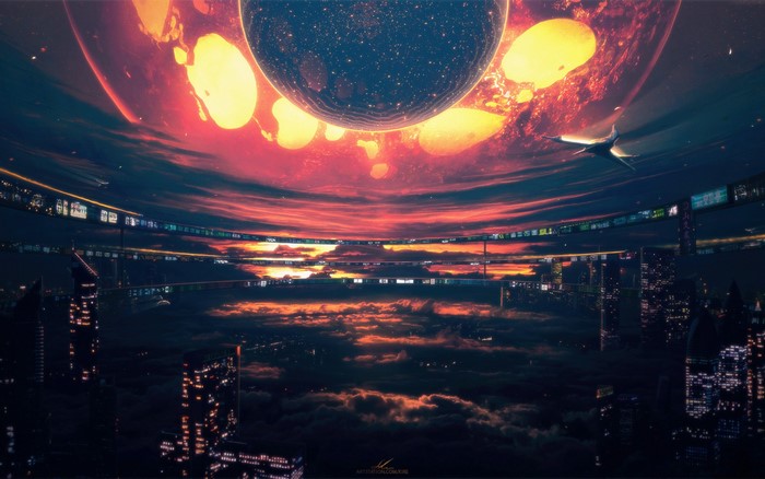 Futuristic city under a ringed planet and fiery sky