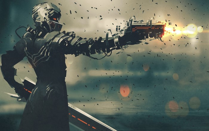 Sci-fi soldier firing a weapon with a sword