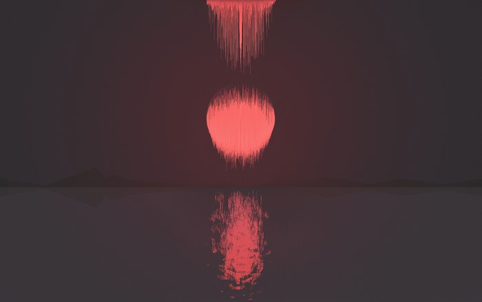 Pixelated sun reflecting on water with digital art effect